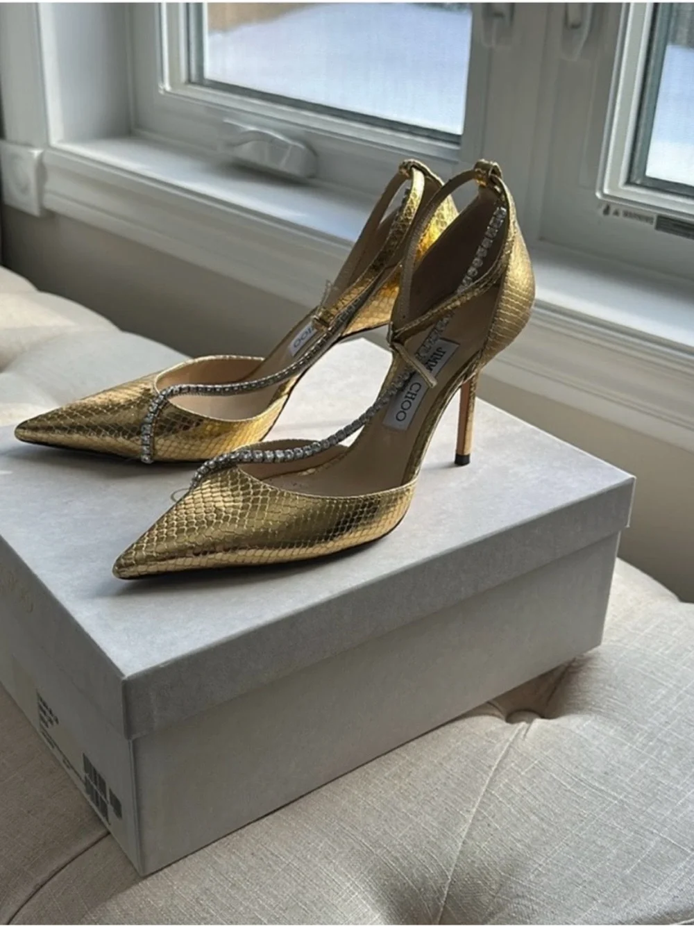 Jimmy Choo Metallic Gold Crystal-Strap Pointed Pumps - Picture 3 of 5